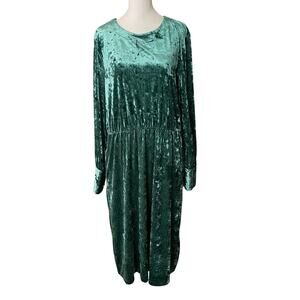 On 34th XL Midi Sheath Dress Green Crushed Velvet Long Sleeve Stretch